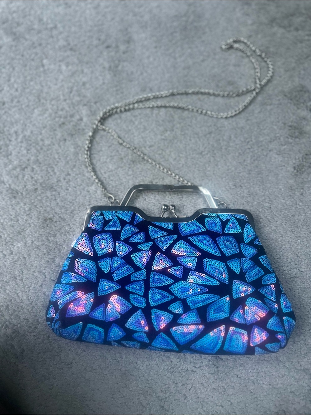 Blue Sequin Mosaic Evening Clutch with Chain